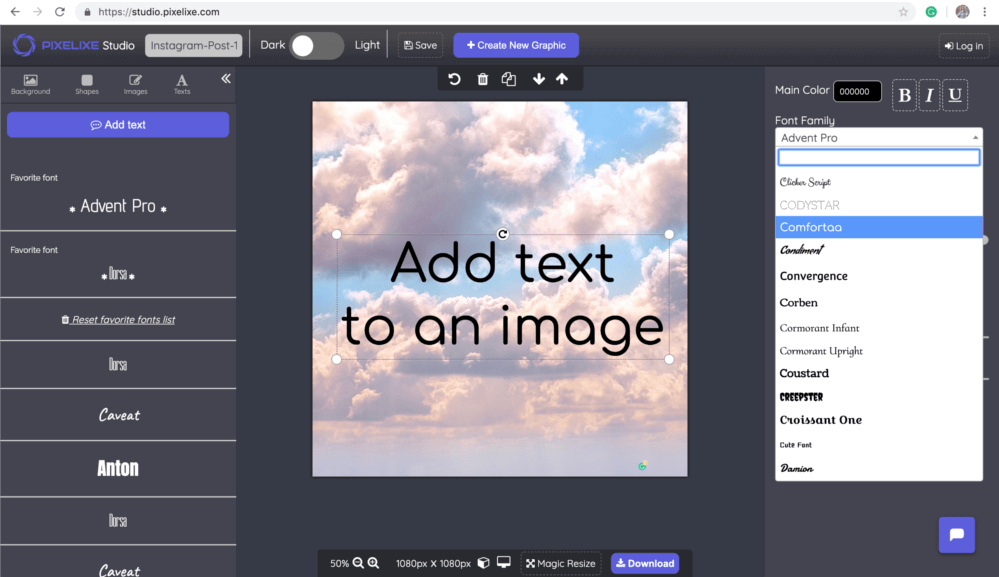 Add caption to image or photo with Pixelixe Studio